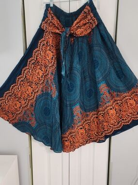 Bohemian Fairy Teal and Orange Circle Skirt with Tie Waist Gypsy